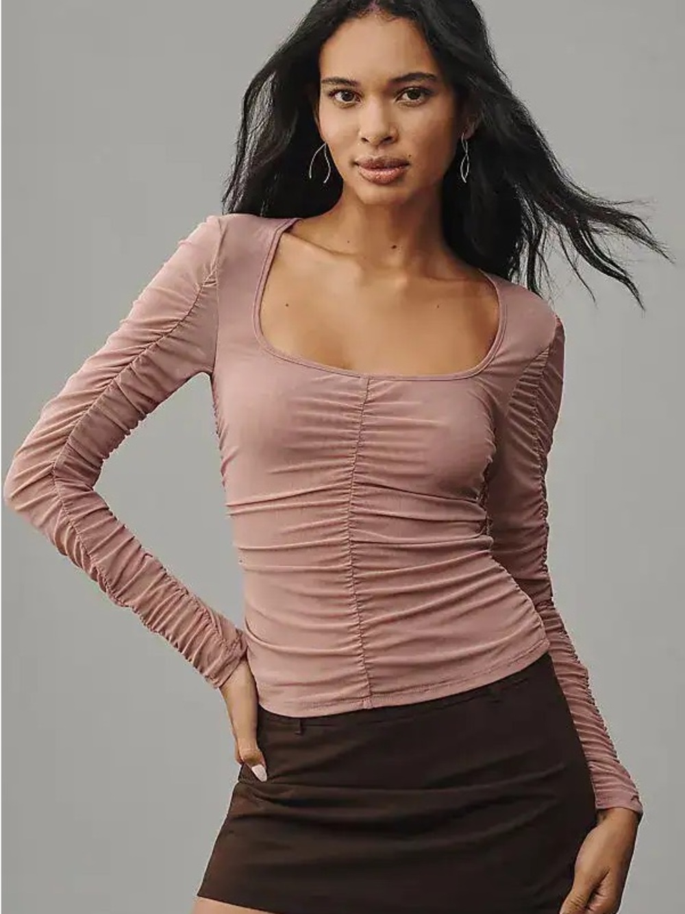 Anthropologie Long-Sleeve Ruched Top- Mauve